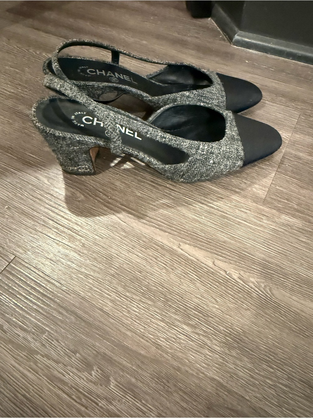CHANEL Tweed Slingback Heels with Black Cap Toe